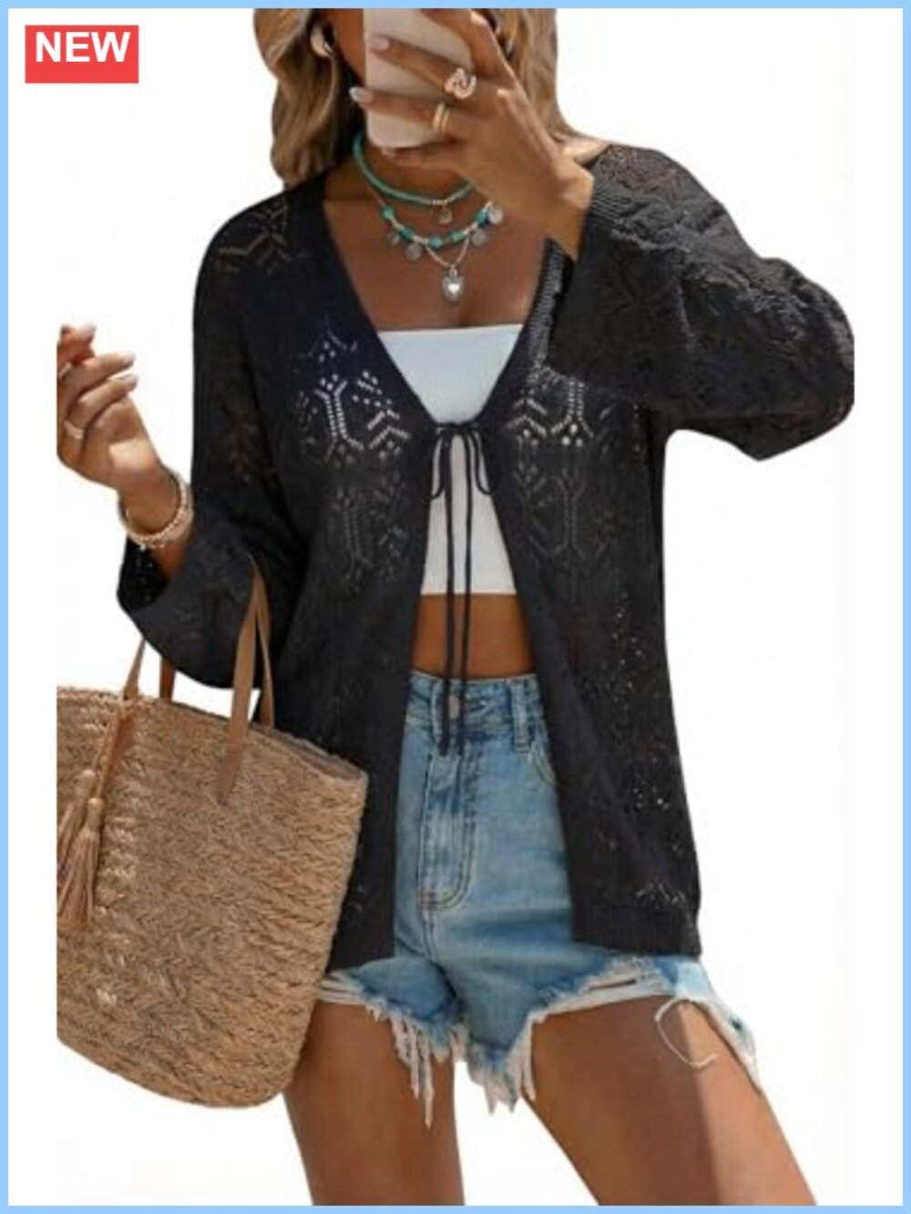 Arach&Cloz Linen Blend Crochet Cardigan Lightweight Boho Beach Cover Up